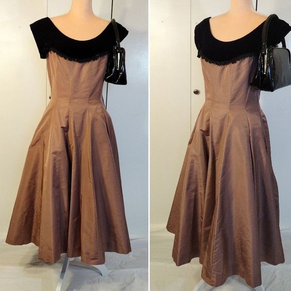 Handmade Vntg 1950s Black Velvet & Brown Midi Swing Dress - Picture 7 of 16